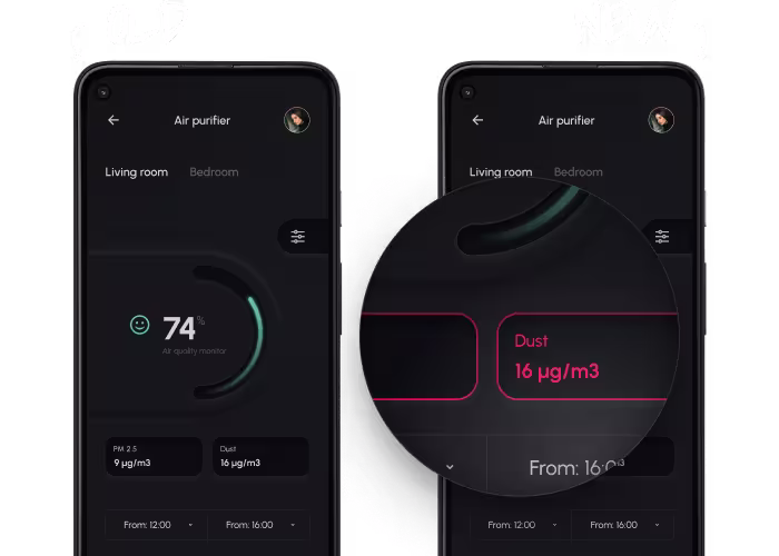 Side-by-side device screens showing old and new views with a highlighted detected difference