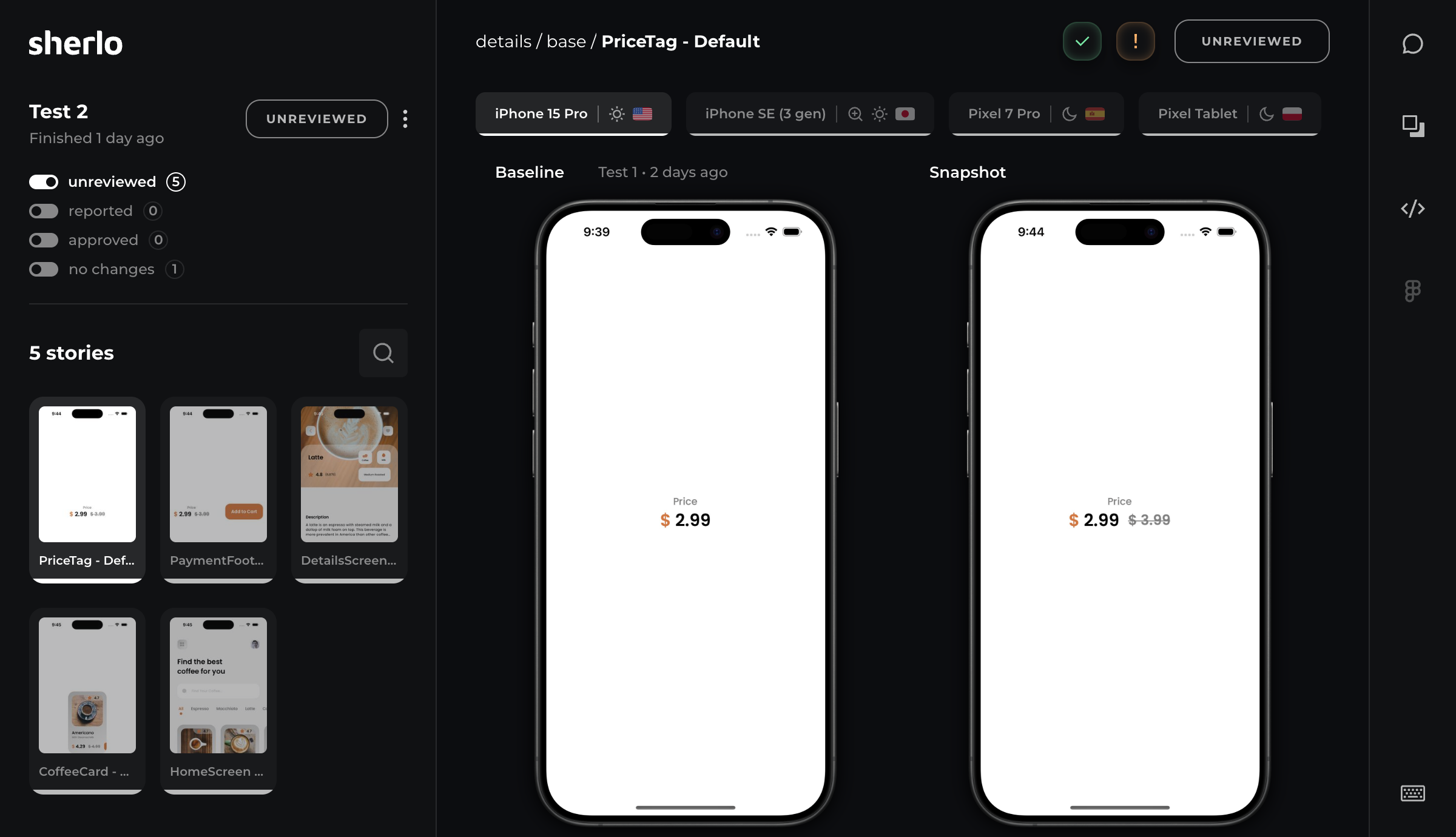 Sherlo visual testing review app comparing React Native screenshots across devices