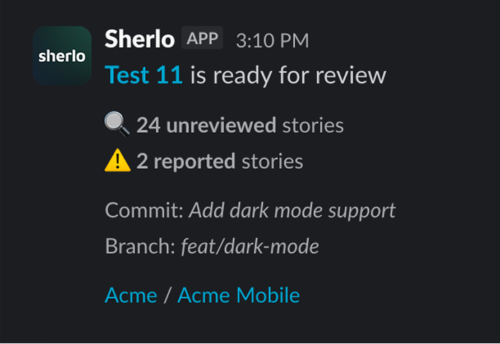 Sherlo Slack notification for a build that is ready for review, showing 24 unreviewed and 2 reported stories, commit Add dark mode support on branch feat/dark-mode